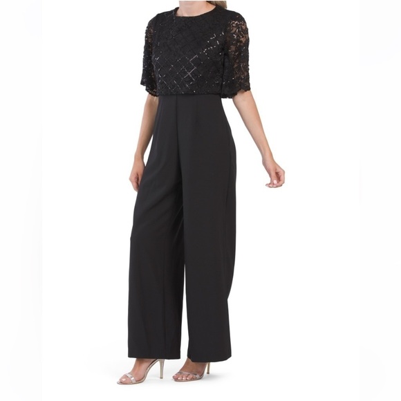 Donna Ricco Womens Lace Overlay Sequins Wide Leg Black Classy Jumpsuit Size 4 - Picture 1 of 3